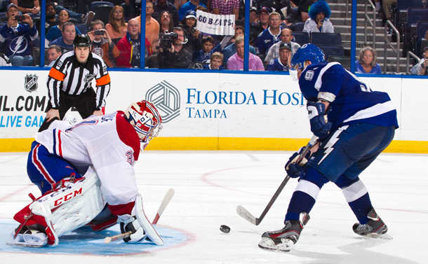 Carey Price of the Montreal Canadiens faces Steven Stamkos of the Tampa Bay Ligntning